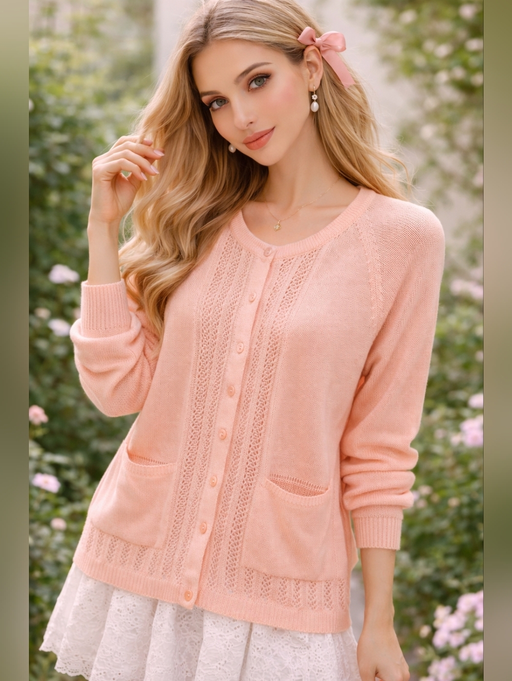 VINTAGE NATIONAL Cardigan Womens Large Peach Pink Cottagecore Soft Girl Feminine